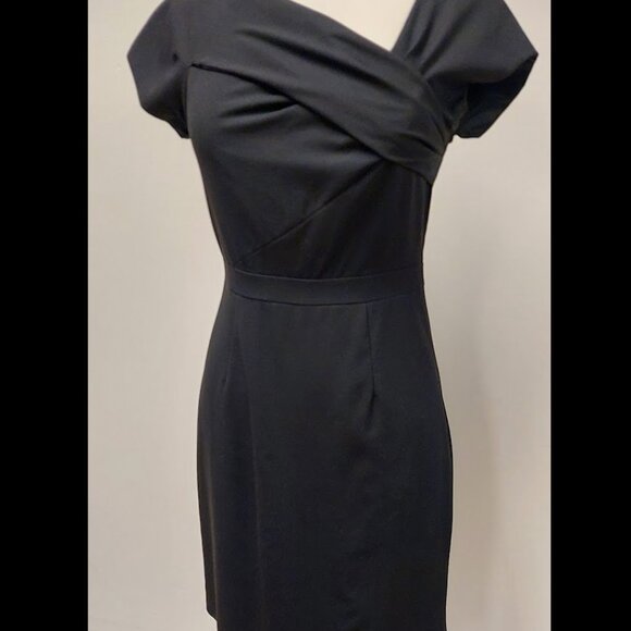 J. Crew, Black, “Origami” Dress, Fitted, Midi, Wrap-detail, Cap-sleeve, Size: 2 - Picture 3 of 10